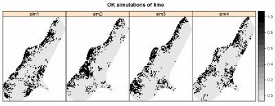 Fig. 5.13: Four simulations of liming requirements (indicator variable) using ordinary kriging.